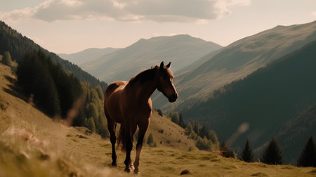 Horse in the mountains at sunset, summertime, tonedの素材