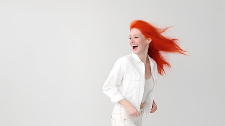 Portrait of a happy young woman with red hair on white backgroundの素材