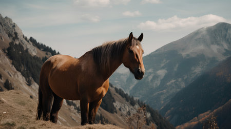 Horse in the mountains. Beautiful landscape with a horse on the background of mountainsの素材