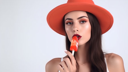 Beautiful young woman in hat with lollipop on gray backgroundの素材