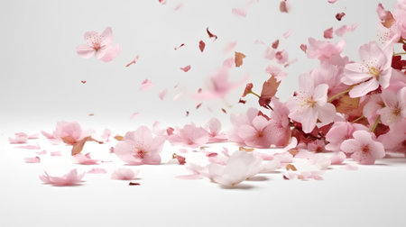 cherry blossom and petals on white background with copy spaceの素材