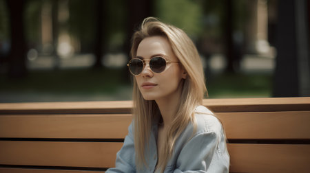 Beautiful young woman with blond hair in sunglasses sitting on a bench in the parkの素材