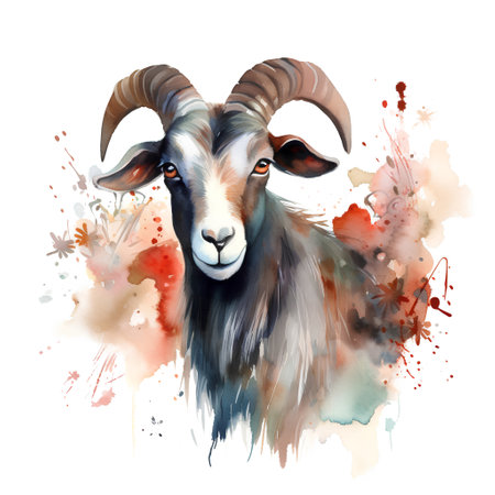Watercolor portrait of a goat with watercolor splashes on a white backgroundの素材