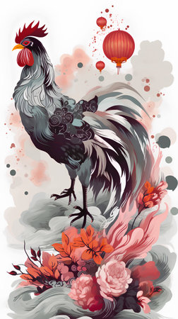 Chinese New Year rooster. Rooster with flowers. Vector illustration.の素材