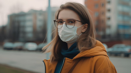 portrait of a girl in a medical mask on the background of the cityの素材