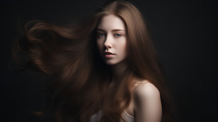 Portrait of beautiful young woman with long brown hair on dark backgroundの素材