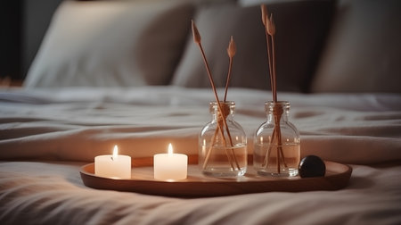 Candles in glass bottles on a wooden tray on the bed.の素材