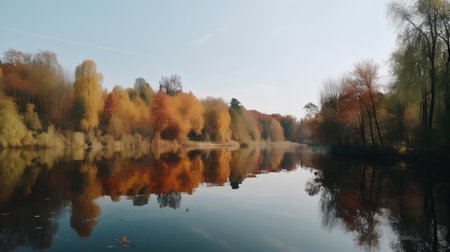 Autumn landscape with a lake and trees reflecting in it, retro styleの素材