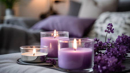 Burning candles with lilac flowers on table in room, closeupの素材