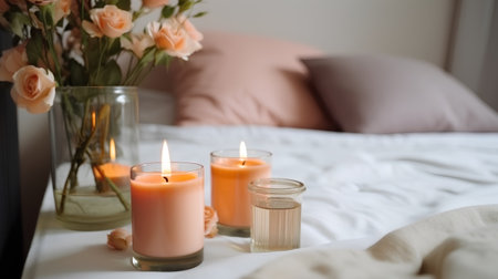 Candles in a glass vase on the bed in the bedroomの素材