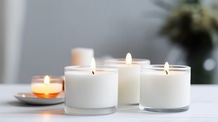 Burning candles in glass on white wooden table, close-upの素材
