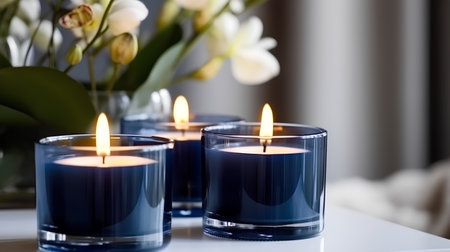 Burning candles in blue glass with orchid flowers on the backgroundの素材