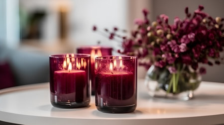 Three burning candles on a table in a room with flowers in the backgroundの素材