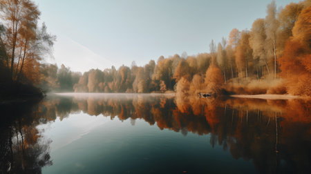 Autumn landscape with lake, forest and fog. Reflection in waterの素材