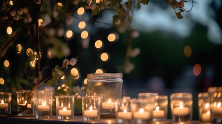 Candles in a glass jar on the background of a blooming treeの素材