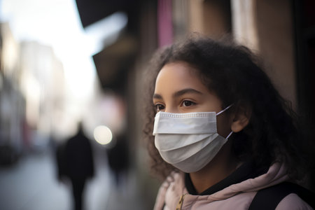 Portrait of a young african american woman wearing a medical mask in the cityの素材