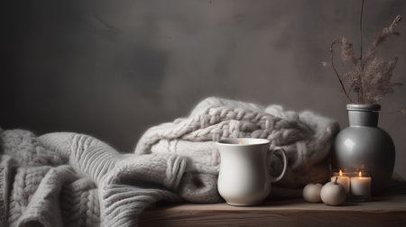 Cozy still life with a cup of tea, candles and knitted plaidの素材