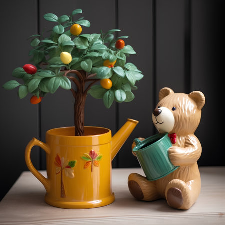 Garden teddy bear with watering can and tree on the backgroundの素材
