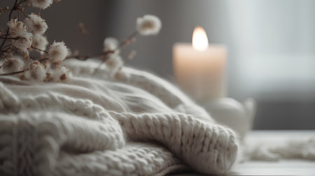 Cozy winter composition with knitted plaid, candle and gypsophila flowers.の素材
