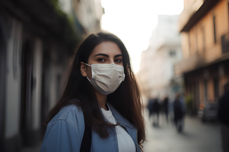 Young woman in a medical mask walks through the streets of the city.の素材