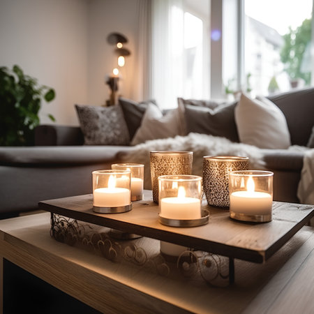 Burning candles on a wooden tray in the interior of the living roomの素材