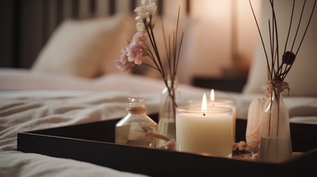 Spa still life with candles on a tray in a hotel roomの素材
