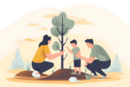 Volunteers planting trees in the park. Flat vector illustration.の素材