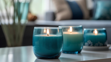 Burning candles on table in room, closeup. Interior designの素材