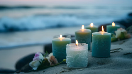 Burning candles on the beach at sunset. Selective focus.の素材