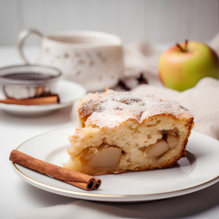 Apple strudel with cinnamon and powdered sugar on a white backgroundの素材