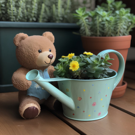 Teddy bear and flowers in a watering can on a wooden tableの素材