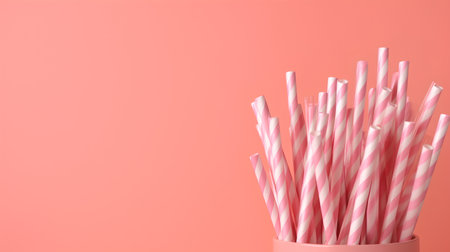 Striped drinking straws in a pink glass on a pink backgroundの素材