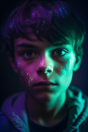 Portrait of a boy with green and blue neon lights on his face.の素材