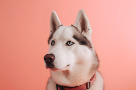 Portrait of a siberian husky dog on a pink backgroundの素材