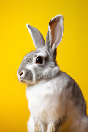Studio shot of a cute grey and white rabbit on a yellow background.の素材