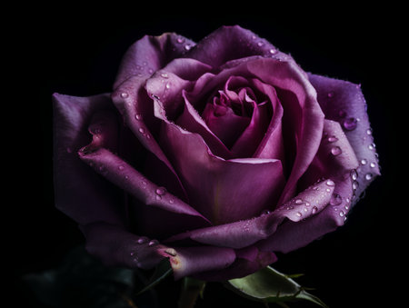 Beautiful purple rose with water drops isolated on black background, closeupの素材