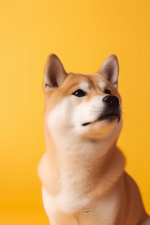 Shiba inu dog on a yellow background. Studio shot.の素材
