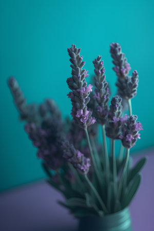 Lavender flowers in a vase on a blue background.の素材