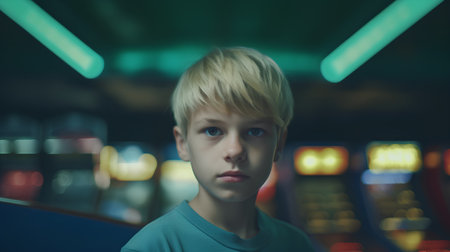 Portrait of a boy in the amusement park. Blurred background.の素材