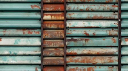 rusty corrugated metal sheet as background, closeup of photoの素材