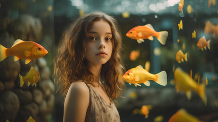 Portrait of a beautiful girl with goldfish in the aquarium.の素材