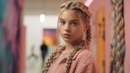 Portrait of a beautiful blonde girl with braids in a pink sweaterの素材