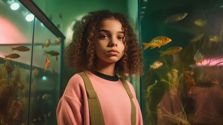 african american girl looking at camera while standing near aquarium with fishesの素材