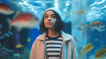 Portrait of a beautiful Asian girl looking at the fishes in an aquarium.の素材