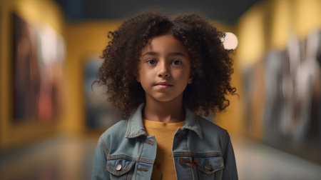 Portrait of a cute African-American girl looking at camera in museumの素材
