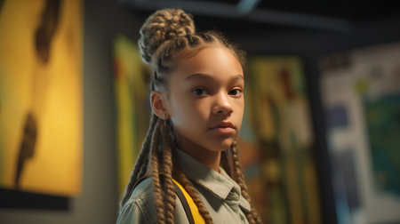 Portrait of a beautiful girl with braids in the museum.の素材