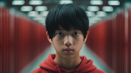 Portrait of a boy in a red hoodie looking at the cameraの素材