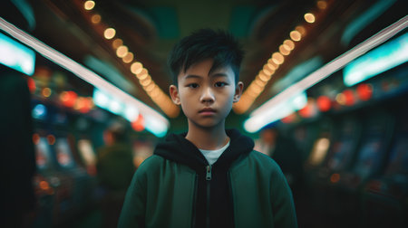 Portrait of young Asian boy in the shopping mall at night.の素材
