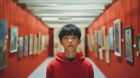 Portrait of a boy in a red hoodie in a museumの素材