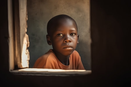 Portrait of a sad little African boy looking through the window.の素材